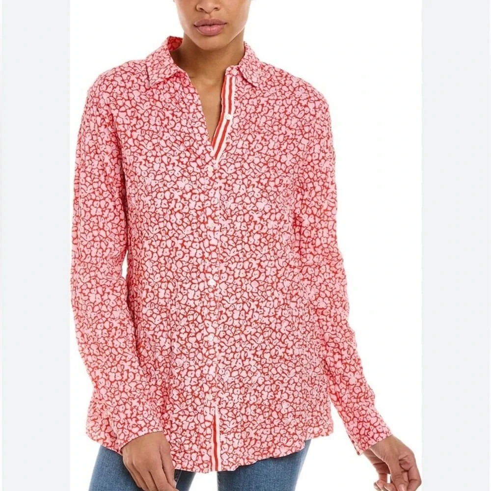 J. McLaughlin Lois Blouse Womens M Red Pink Floral Lois Button Up Crinkle